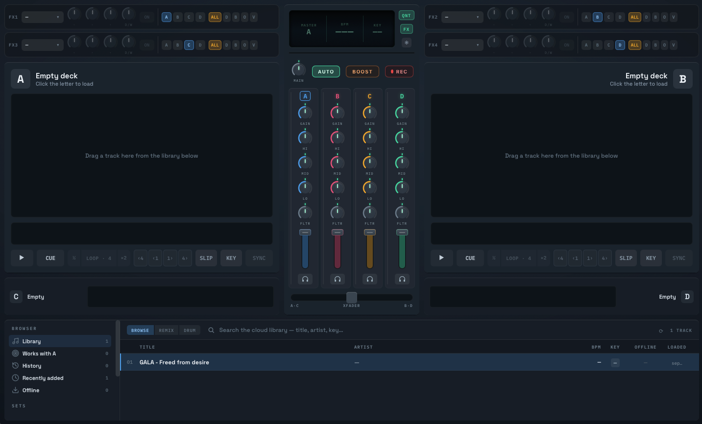 BeatCloud's four-deck mixing desk, showing per-deck EQ knobs, a crossfader, and the cloud track library